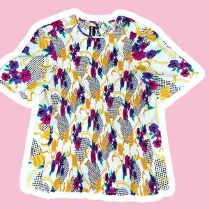 Vintage Plisse Blouse 16 XL Multicolored Shoulder Pads 80s Funky Wearable Art